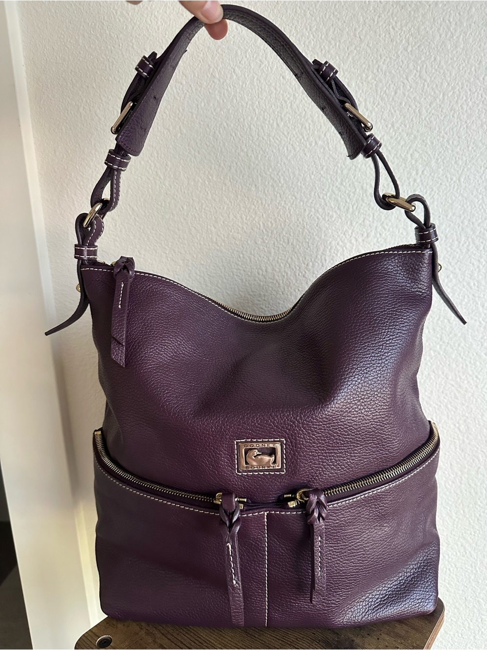 Dooney & Bourke Dillen Pebbled Leather Double Pocket Hobo Bag in Plum / Purple